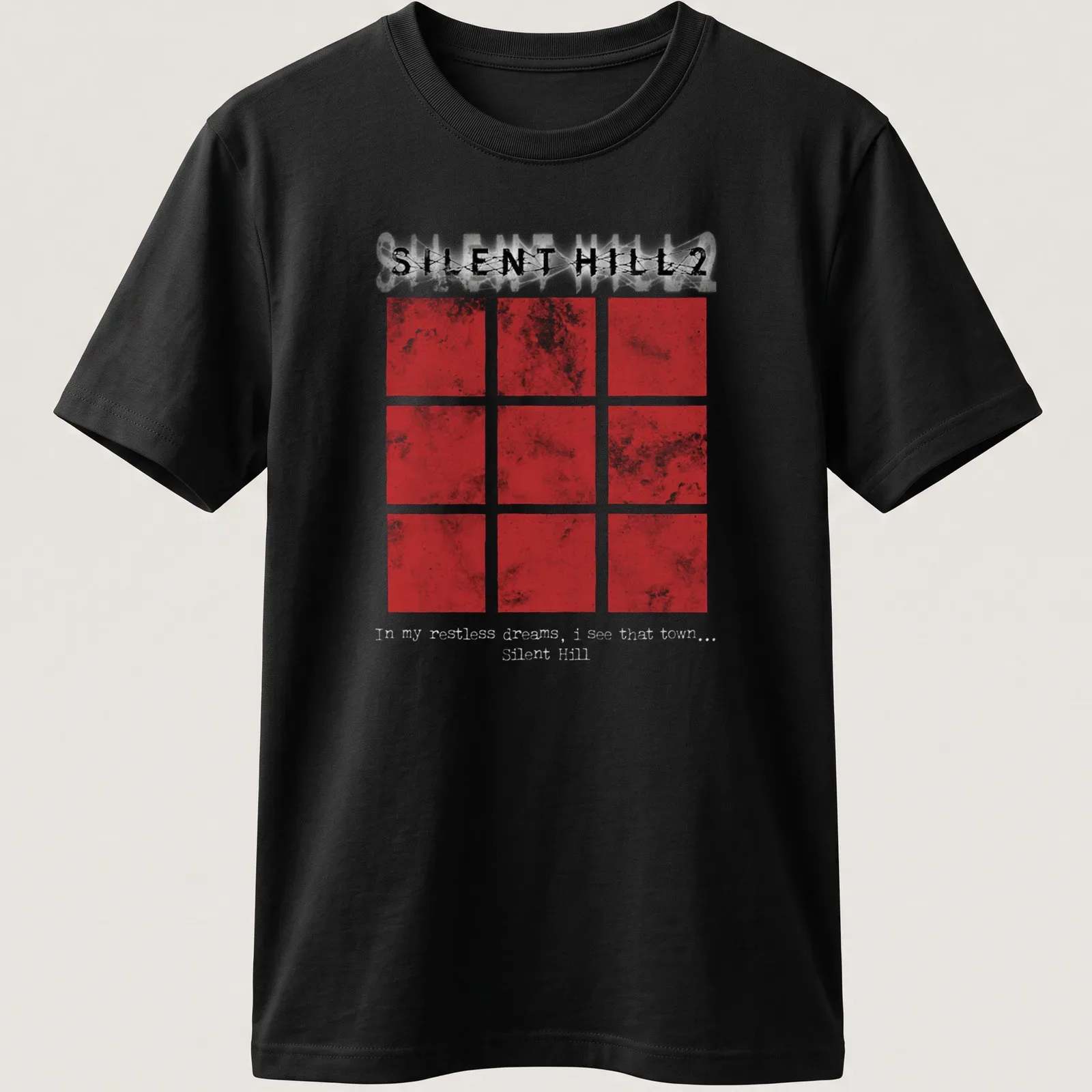 Grunge style Silent Hill 2 tee featuring red squares and haunting text — printed on a unisex t-shirt