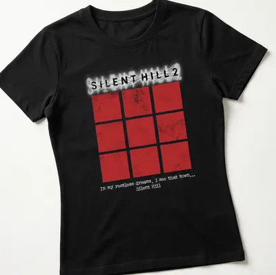 Grunge style Silent Hill 2 tee featuring red squares and haunting text — printed on a women's shirt