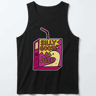 Colorful cartoon drink box with a goose and the text Silly Goose Juice — printed on a tank top