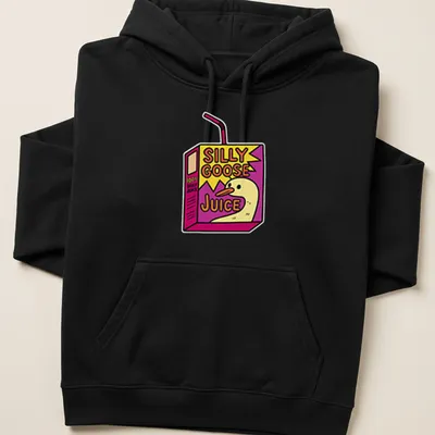 Colorful cartoon drink box with a goose and the text Silly Goose Juice — printed on a unisex hoodie
