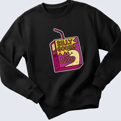 Colorful cartoon drink box with a goose and the text Silly Goose Juice — printed on a unisex sweatshirt