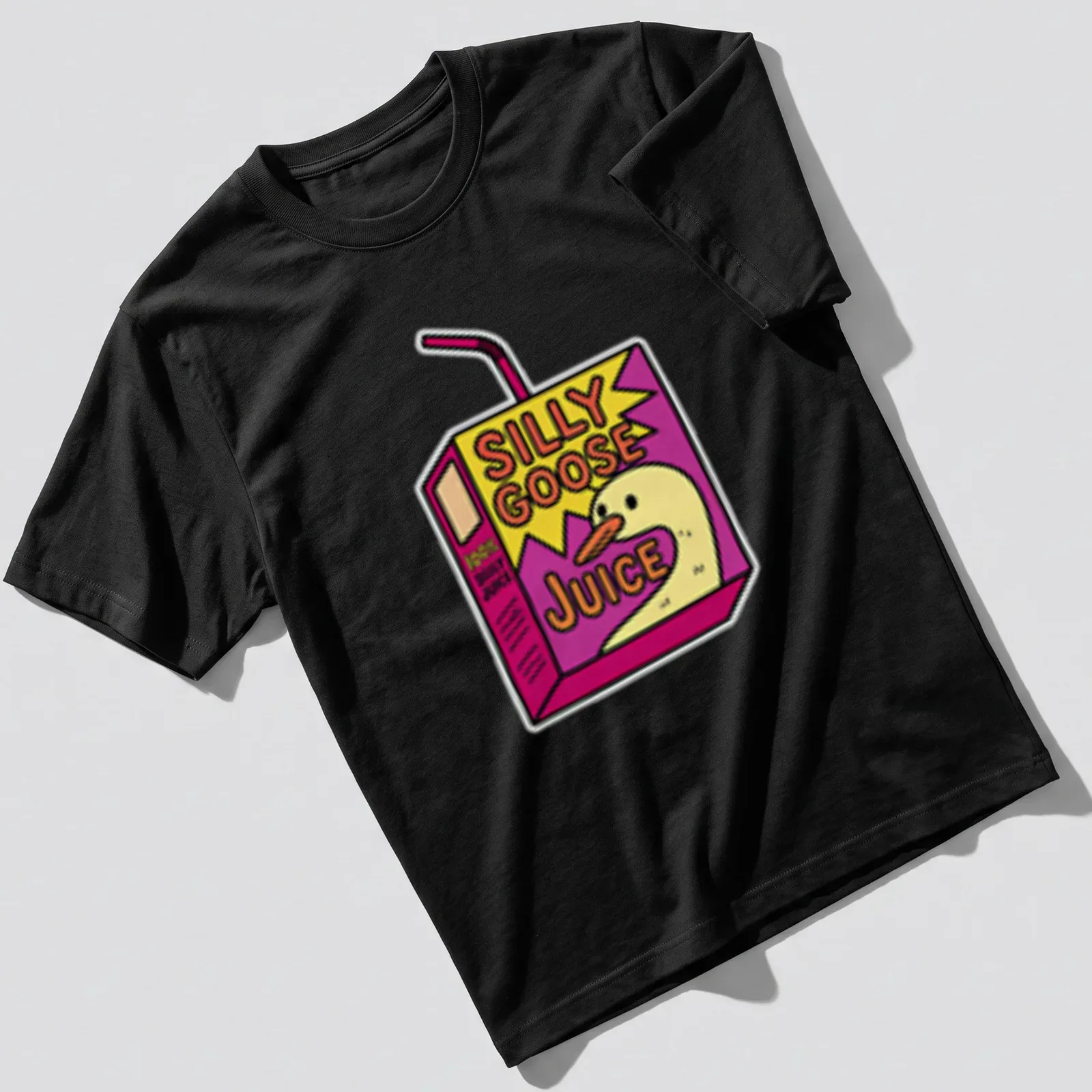 Colorful cartoon drink box with a goose and the text Silly Goose Juice — printed on a unisex t-shirt