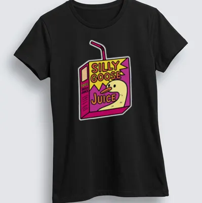 Colorful cartoon drink box with a goose and the text Silly Goose Juice — printed on a women's shirt