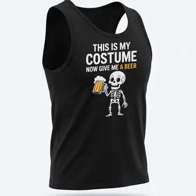 Cartoon skeleton holding a beer mug with humorous text about Halloween costume. — printed on a tank top