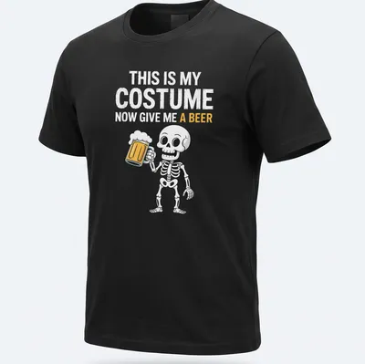 Cartoon skeleton holding a beer mug with humorous text about Halloween costume.
