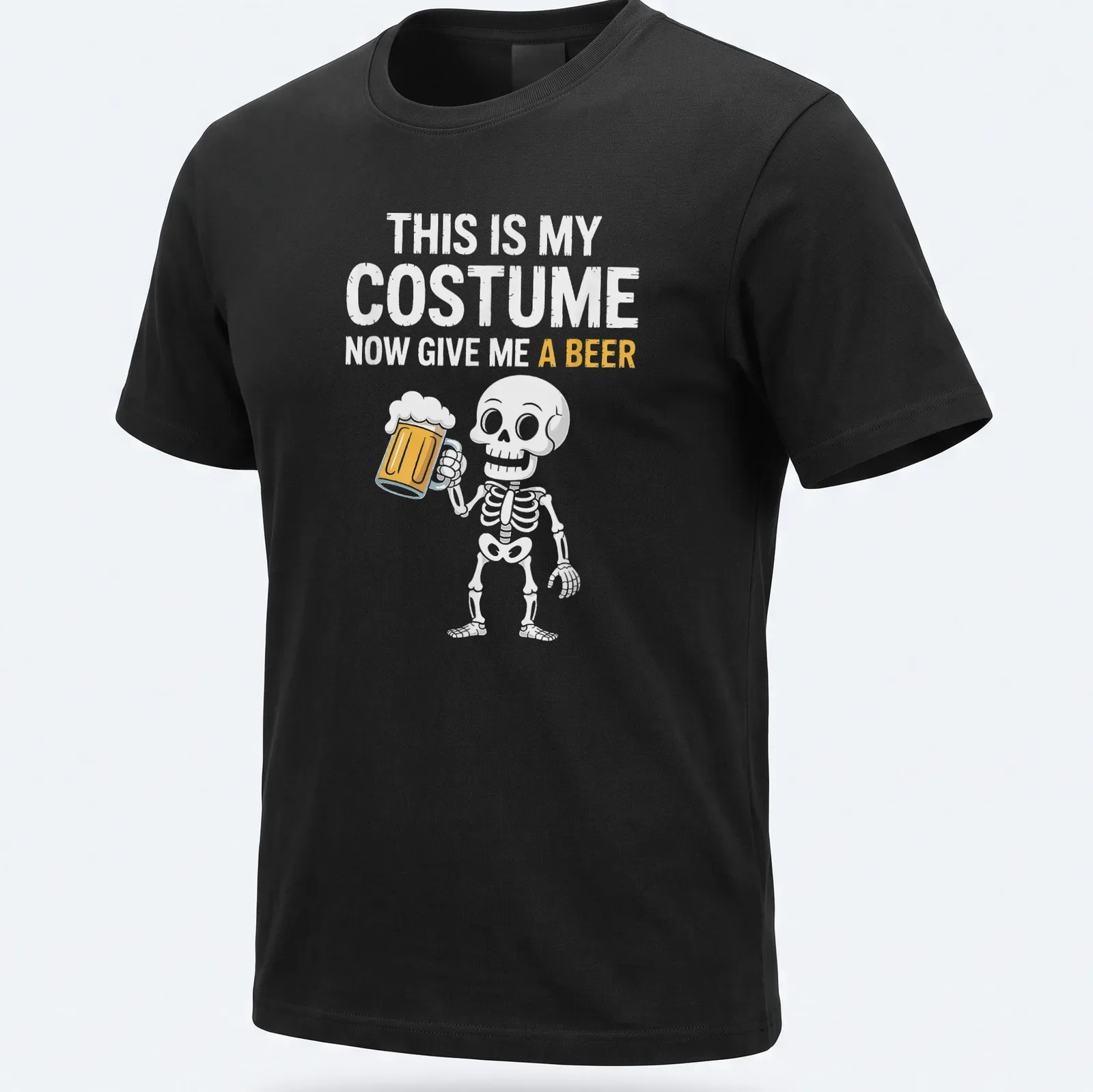 Cartoon skeleton holding a beer mug with humorous text about Halloween costume. — printed on a unisex t-shirt
