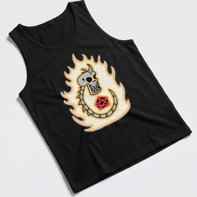 Cartoon skeleton dragon surrounded by flames with bold text — printed on a tank top