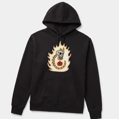 Cartoon skeleton dragon surrounded by flames with bold text — printed on a unisex hoodie