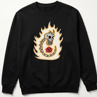 Cartoon skeleton dragon surrounded by flames with bold text — printed on a unisex sweatshirt