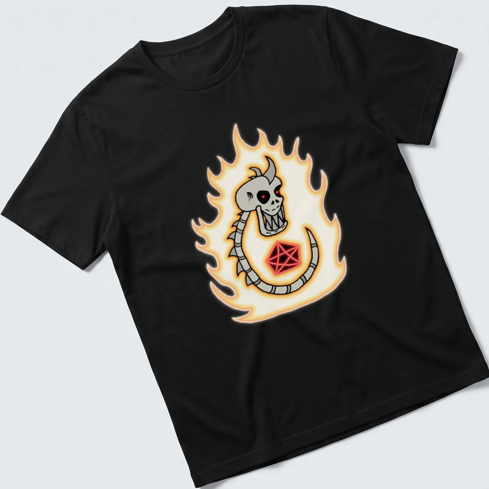 Cartoon skeleton dragon surrounded by flames with bold text — printed on a unisex t-shirt