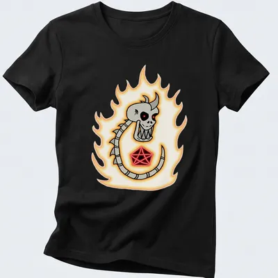 Cartoon skeleton dragon surrounded by flames with bold text — printed on a women's shirt