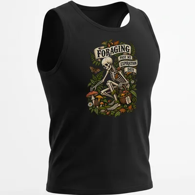 Vintage style shirt featuring a skeleton foraging with humorous text — printed on a tank top