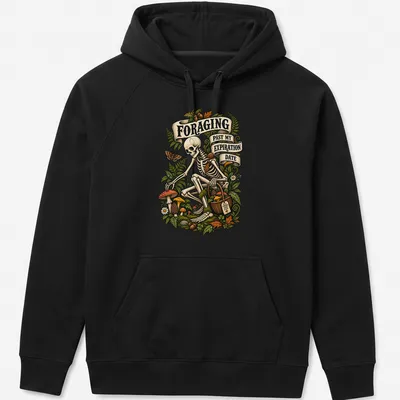 Vintage style shirt featuring a skeleton foraging with humorous text — printed on a unisex hoodie
