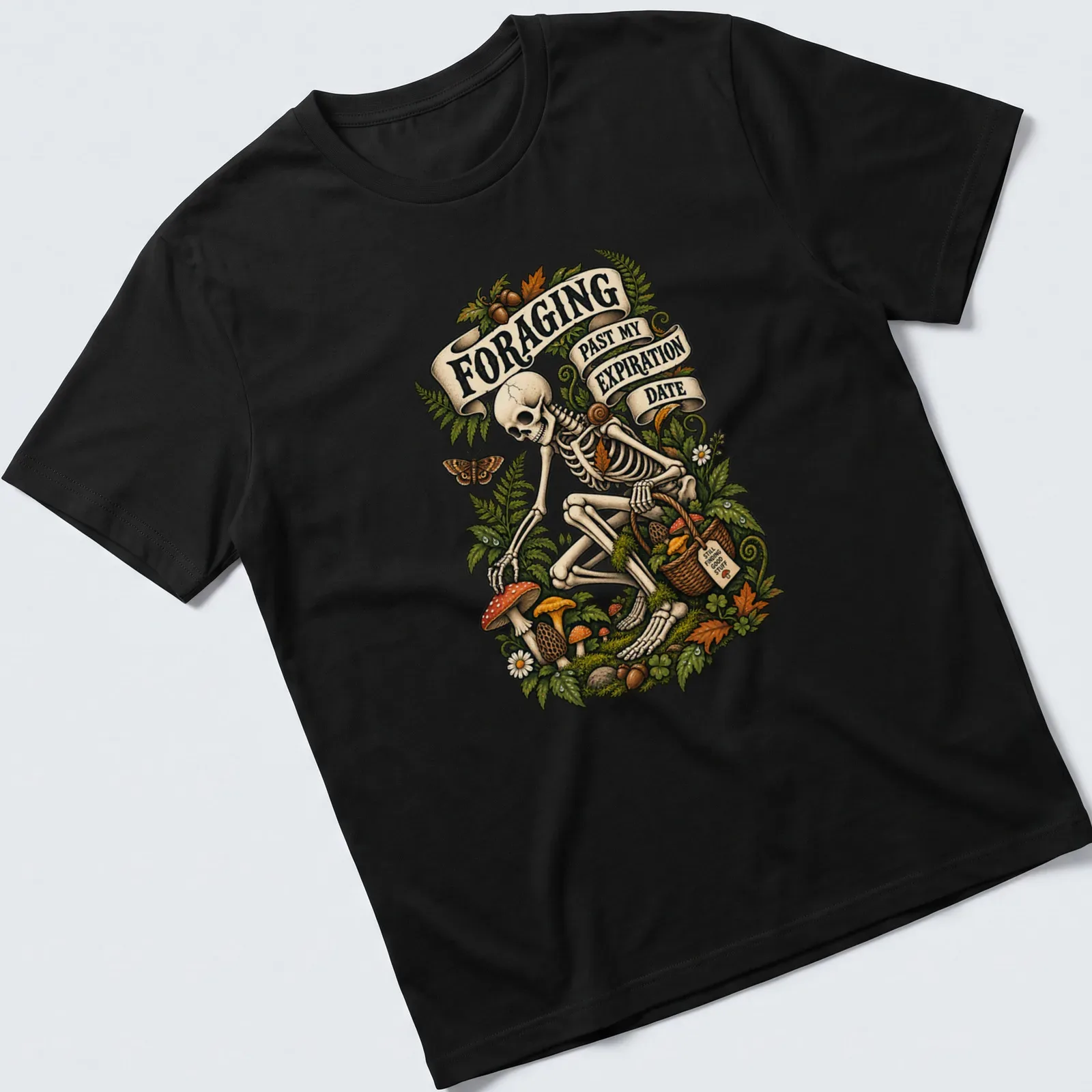 Vintage style shirt featuring a skeleton foraging with humorous text — printed on a unisex t-shirt