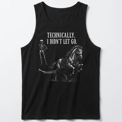 Vintage illustration of a skeleton riding a horse with bold text underneath — printed on a tank top