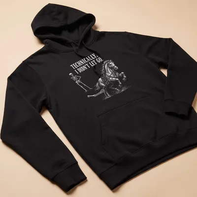 Vintage illustration of a skeleton riding a horse with bold text underneath — printed on a unisex hoodie
