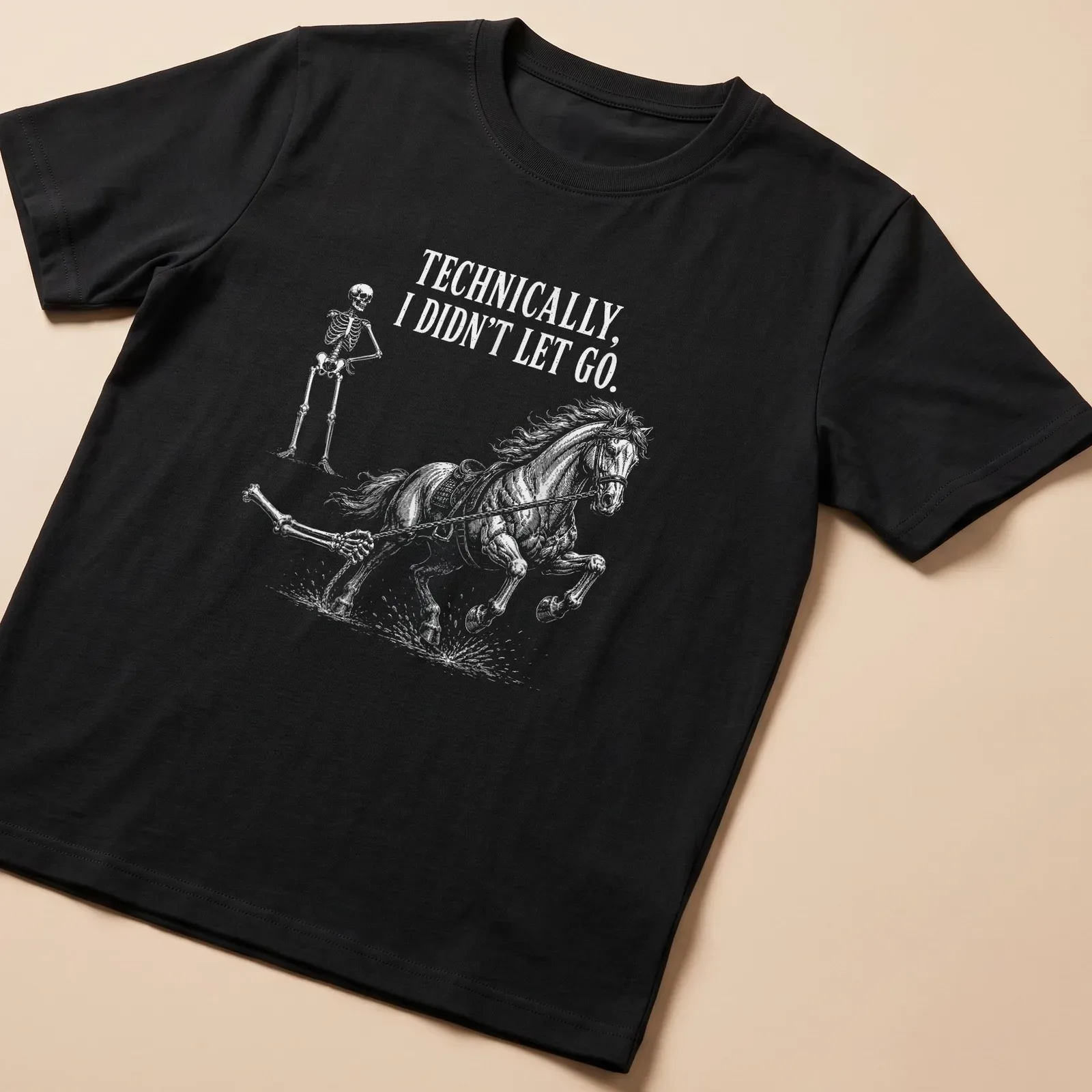 Vintage illustration of a skeleton riding a horse with bold text underneath — printed on a unisex t-shirt