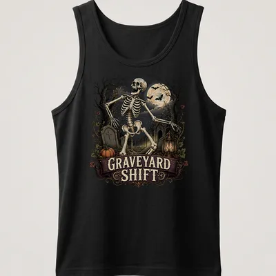 Vintage gothic Skeleton in Graveyard Shift design in black, gray, orange, and brown — printed on a tank top