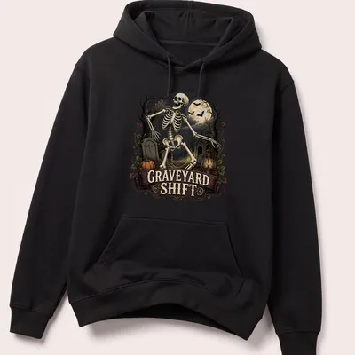 Vintage gothic Skeleton in Graveyard Shift design in black, gray, orange, and brown — printed on a unisex hoodie