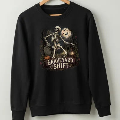 Vintage gothic Skeleton in Graveyard Shift design in black, gray, orange, and brown — printed on a unisex sweatshirt
