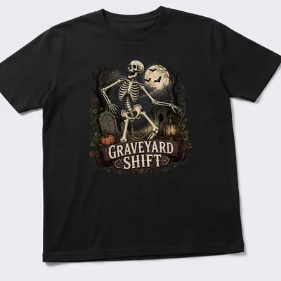 Vintage gothic Skeleton in Graveyard Shift design in black, gray, orange, and brown