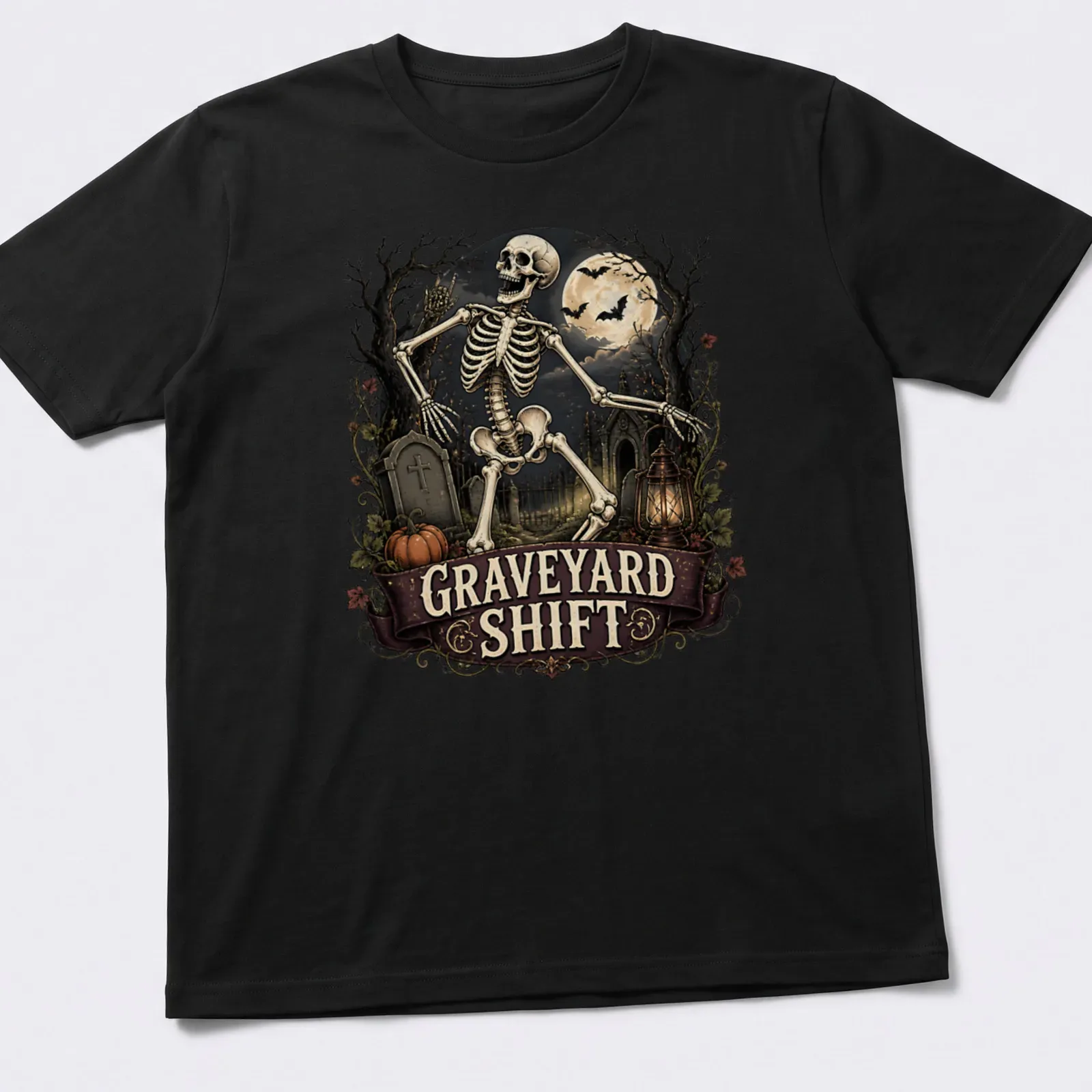 Vintage gothic Skeleton in Graveyard Shift design in black, gray, orange, and brown — printed on a unisex t-shirt