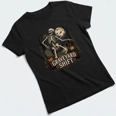 Vintage gothic Skeleton in Graveyard Shift design in black, gray, orange, and brown — printed on a women's shirt