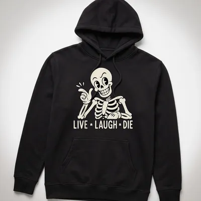 Cartoon skeleton with the text Live Laugh Die in black and cream colors — printed on a unisex hoodie