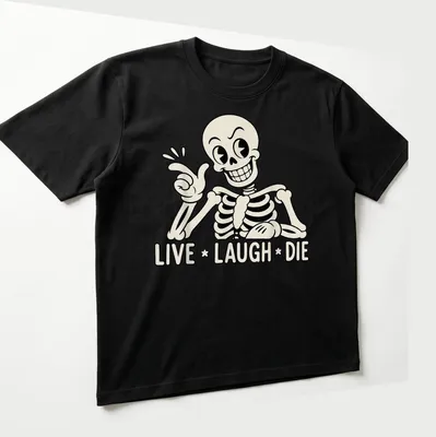 Cartoon skeleton with the text Live Laugh Die in black and cream colors — printed on a unisex t-shirt (angled view)