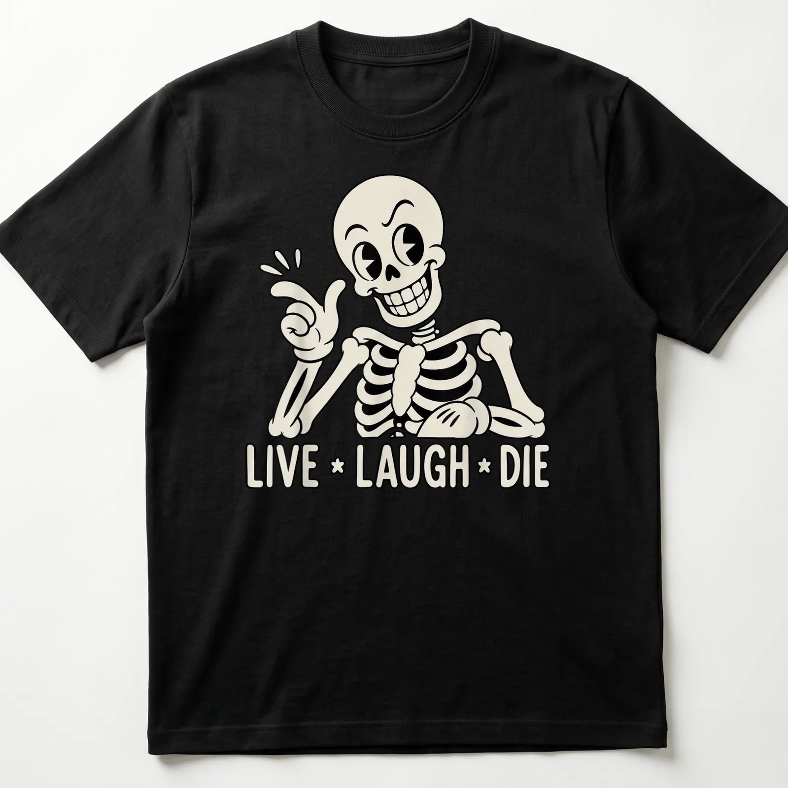 Cartoon skeleton with the text Live Laugh Die in black and cream colors — printed on a unisex t-shirt