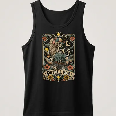 Vintage illustration of a skeleton playing softball with bold text above — printed on a tank top