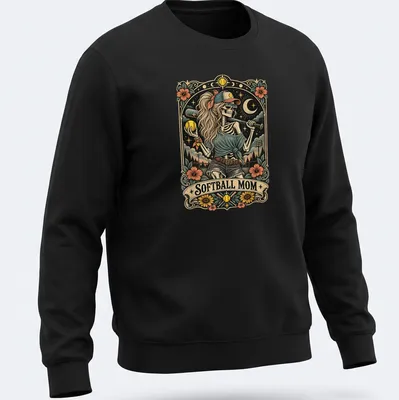 Vintage illustration of a skeleton playing softball with bold text above — printed on a unisex sweatshirt