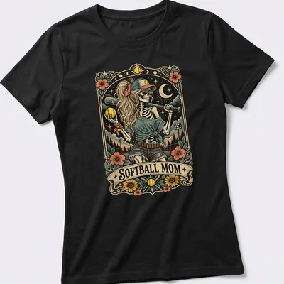Vintage illustration of a skeleton playing softball with bold text above — printed on a women's shirt