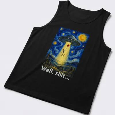 Whimsical skeleton gazing at a UFO with the text 'Well, shit...' in starry night style — printed on a tank top