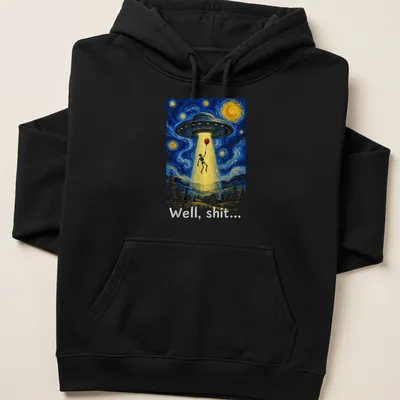Whimsical skeleton gazing at a UFO with the text 'Well, shit...' in starry night style — printed on a unisex hoodie