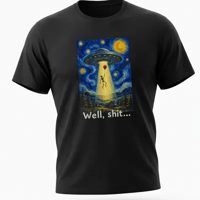 Whimsical skeleton gazing at a UFO with the text 'Well, shit...' in starry night style