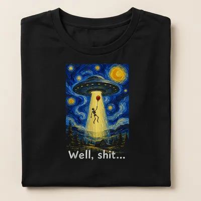 Whimsical skeleton gazing at a UFO with the text 'Well, shit...' in starry night style — printed on a women's shirt