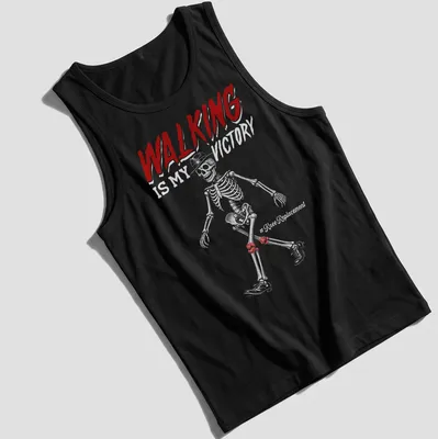 Line-art skeleton design with text 'WALKING IS MY VICTORY' in red, white, and black. — printed on a tank top