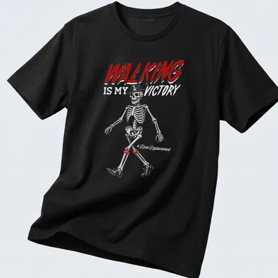 Line-art skeleton design with text 'WALKING IS MY VICTORY' in red, white, and black.