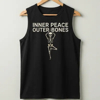 Funny Halloween shirt featuring skeleton in yoga pose with humorous text — printed on a tank top