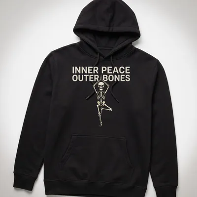 Funny Halloween shirt featuring skeleton in yoga pose with humorous text — printed on a unisex hoodie
