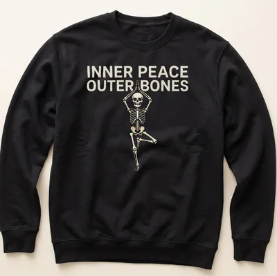 Funny Halloween shirt featuring skeleton in yoga pose with humorous text — printed on a unisex sweatshirt