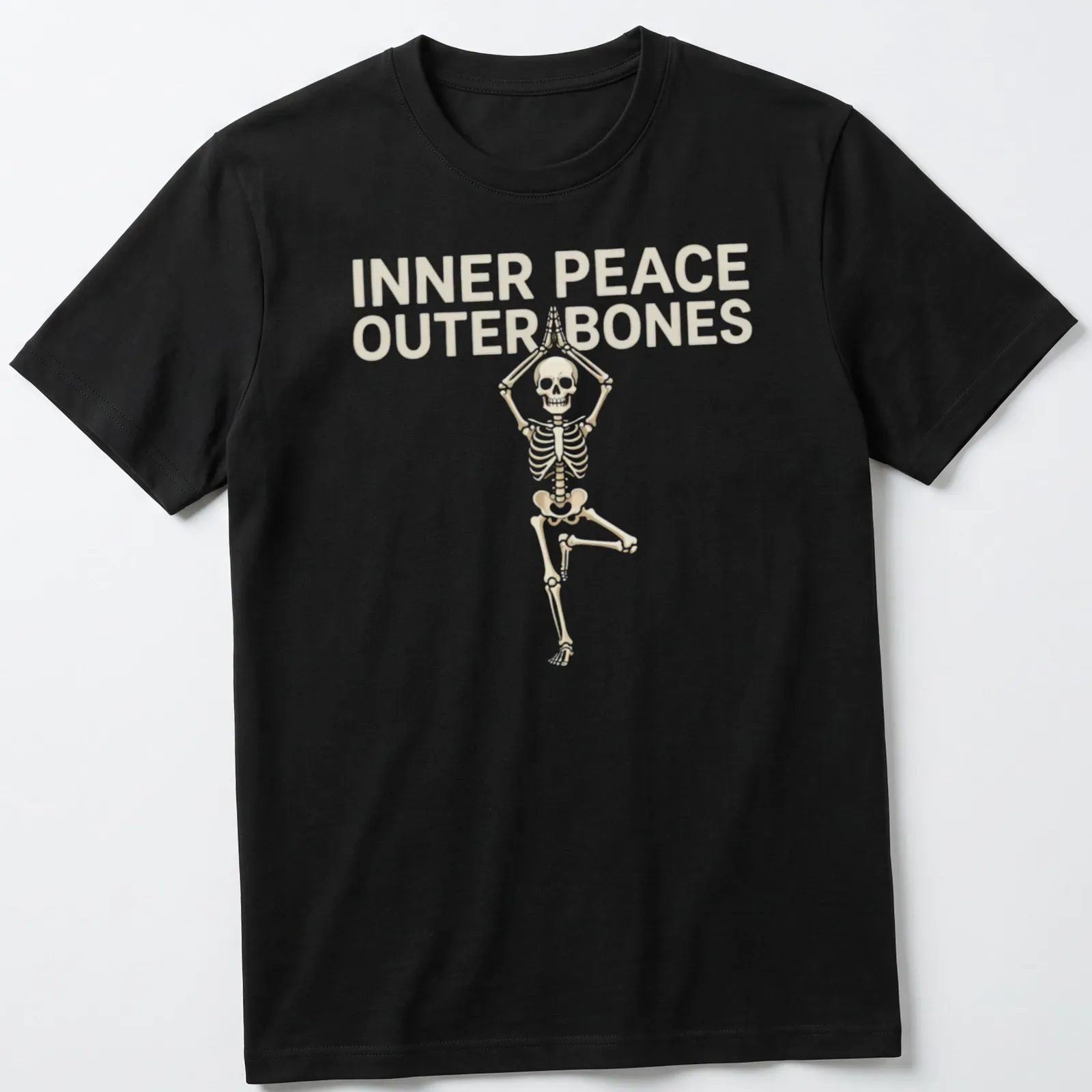 Funny Halloween shirt featuring skeleton in yoga pose with humorous text — printed on a unisex t-shirt