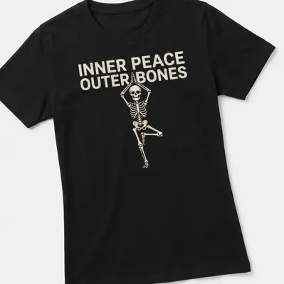 Funny Halloween shirt featuring skeleton in yoga pose with humorous text — printed on a women's shirt