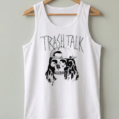 Bold line-art of a skull in a cap featuring 'TRASH TALK' text in black and white. — printed on a tank top