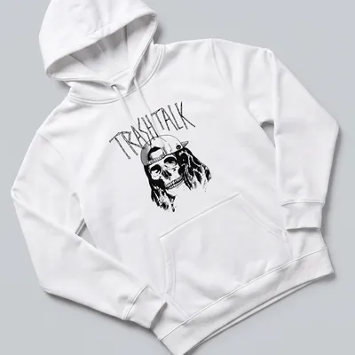 Bold line-art of a skull in a cap featuring 'TRASH TALK' text in black and white. — printed on a unisex hoodie