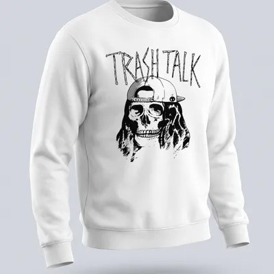 Bold line-art of a skull in a cap featuring 'TRASH TALK' text in black and white. — printed on a unisex sweatshirt