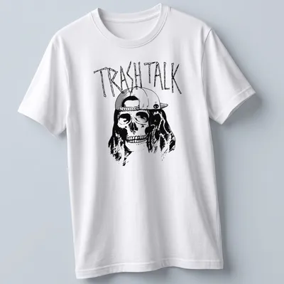 Bold line-art of a skull in a cap featuring 'TRASH TALK' text in black and white.