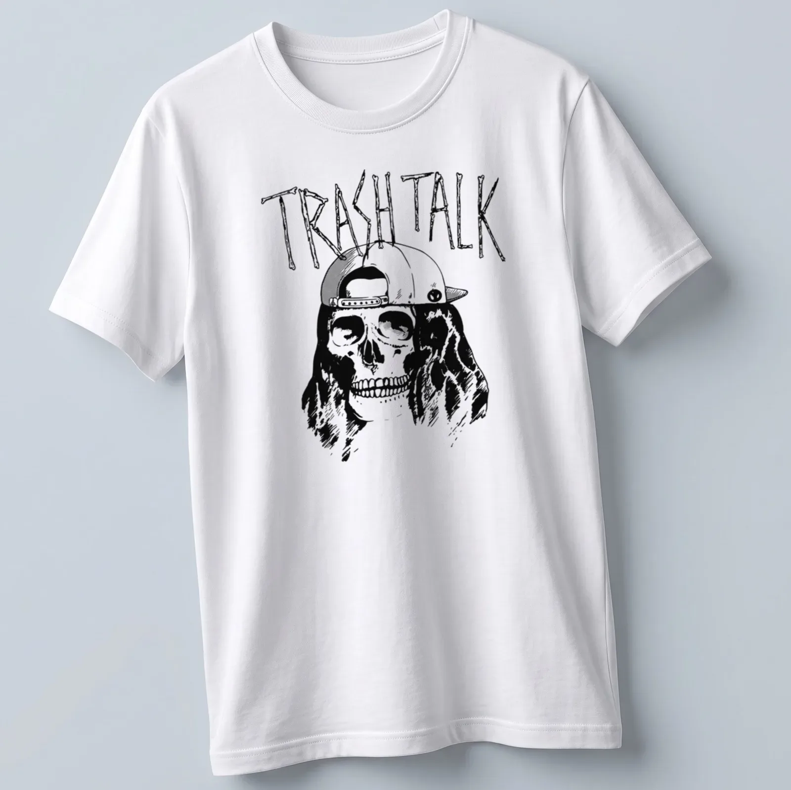 Bold line-art of a skull in a cap featuring 'TRASH TALK' text in black and white. — printed on a unisex t-shirt