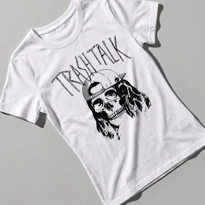 Bold line-art of a skull in a cap featuring 'TRASH TALK' text in black and white. — printed on a women's shirt